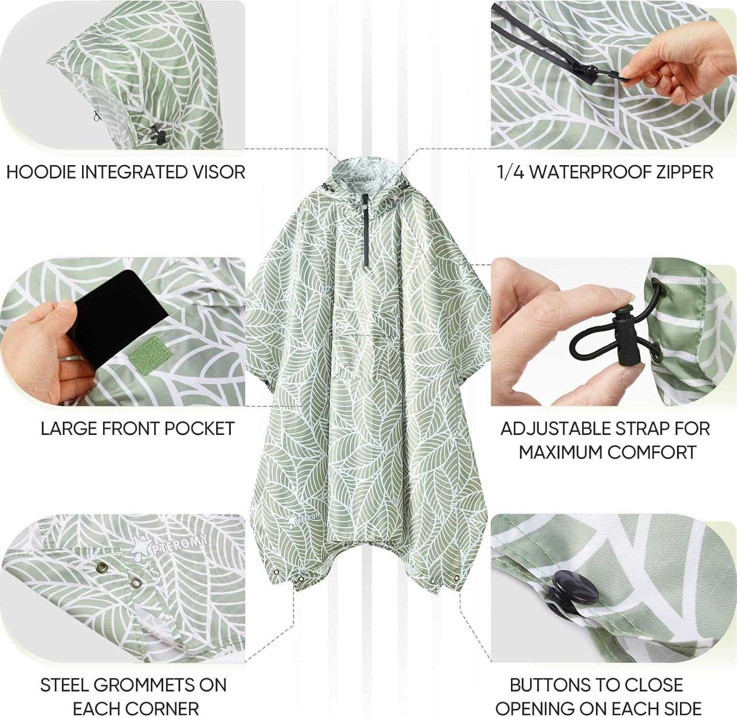 image:imagePTEROMY 3in1 Hooded Rain Poncho for Adult with Pocket Waterproof Lightweight Unisex Raincoat for Hiking Camping EmergencyAntique Foliage 14 Zipper