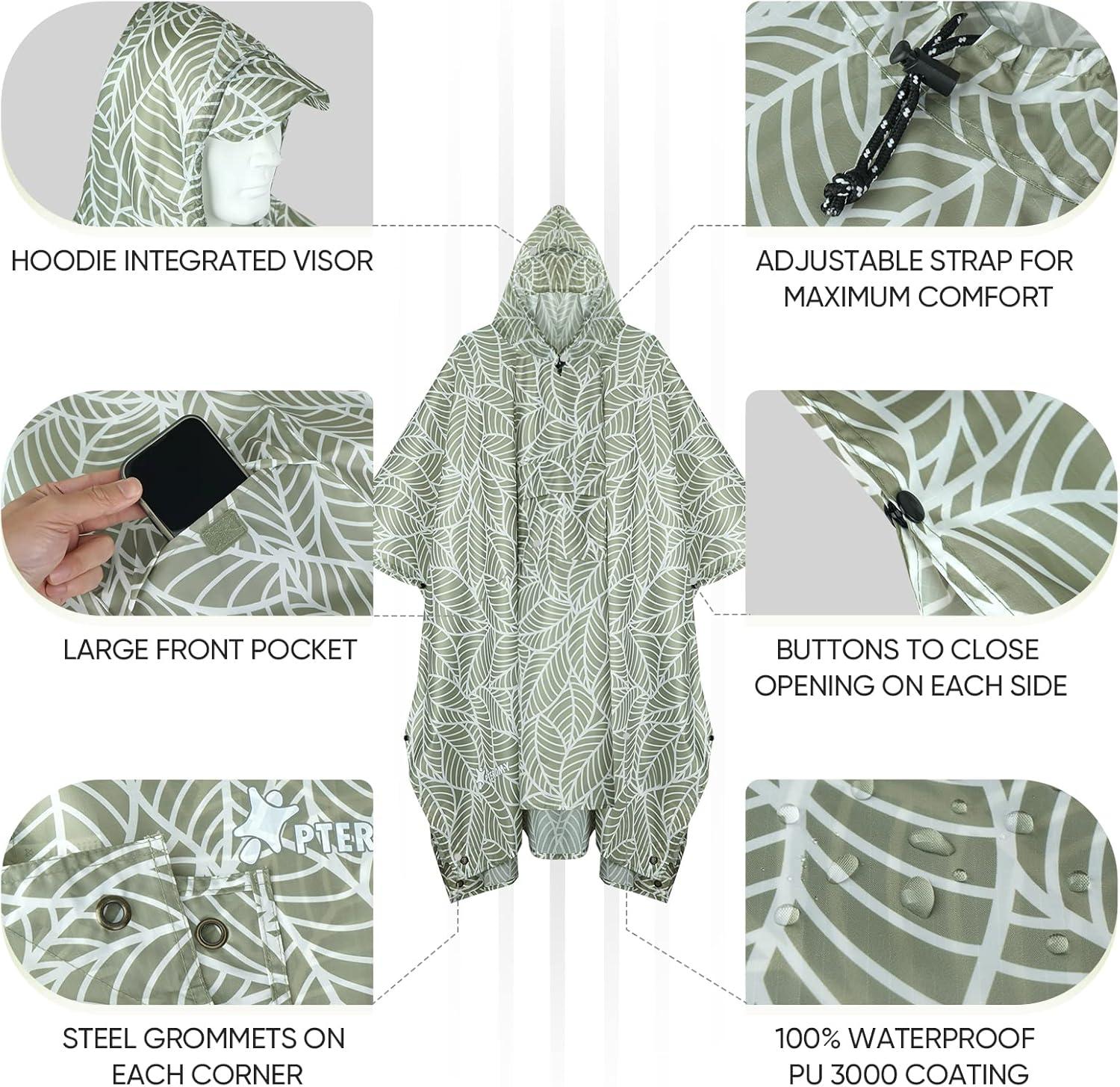 image:imagePTEROMY 3in1 Hooded Rain Poncho for Adult with Pocket Waterproof Lightweight Unisex Raincoat for Hiking Camping EmergencyAntique Foliage