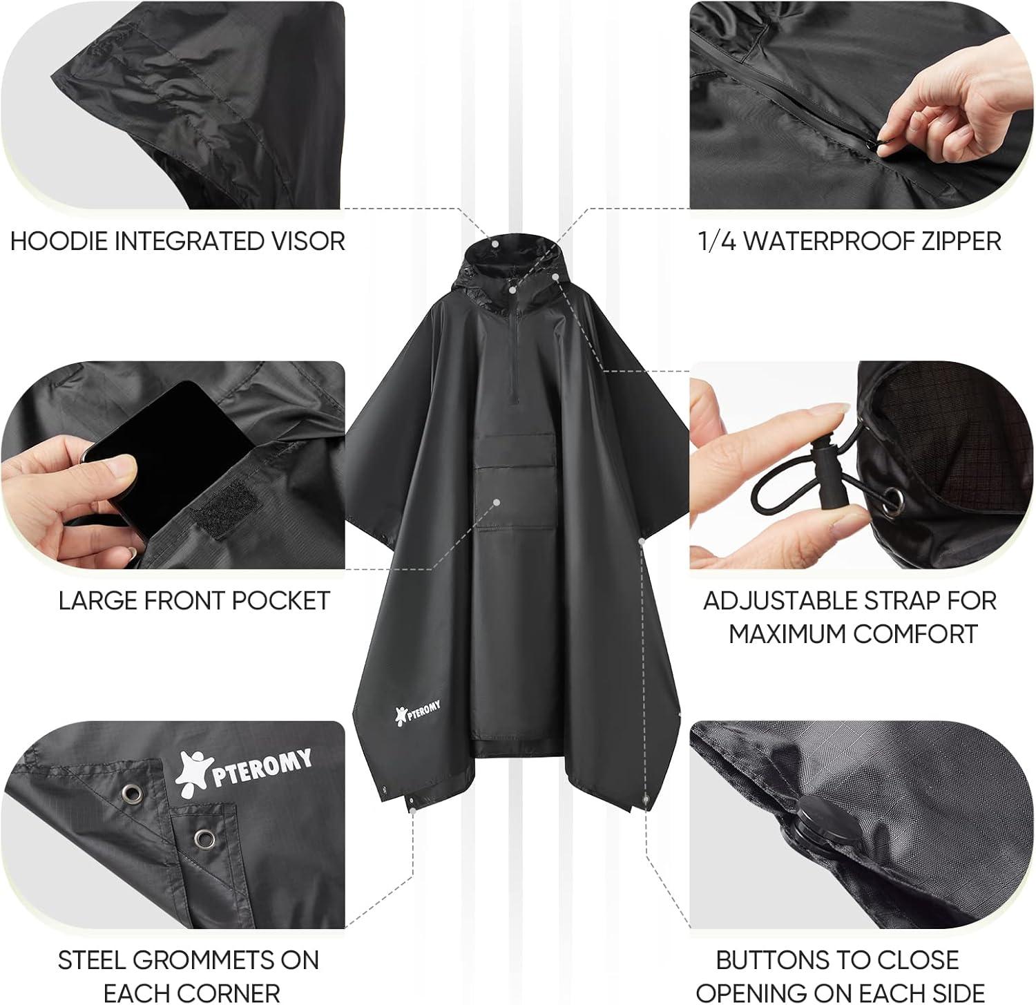 image:imagePTEROMY 3in1 Hooded Rain Poncho for Adult with Pocket Waterproof Lightweight Unisex Raincoat for Hiking Camping EmergencyBlack 14 Zipper