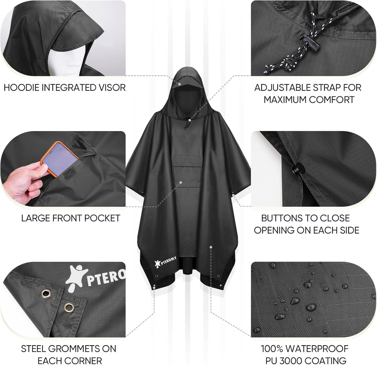 image:imagePTEROMY 3in1 Hooded Rain Poncho for Adult with Pocket Waterproof Lightweight Unisex Raincoat for Hiking Camping EmergencyBlack