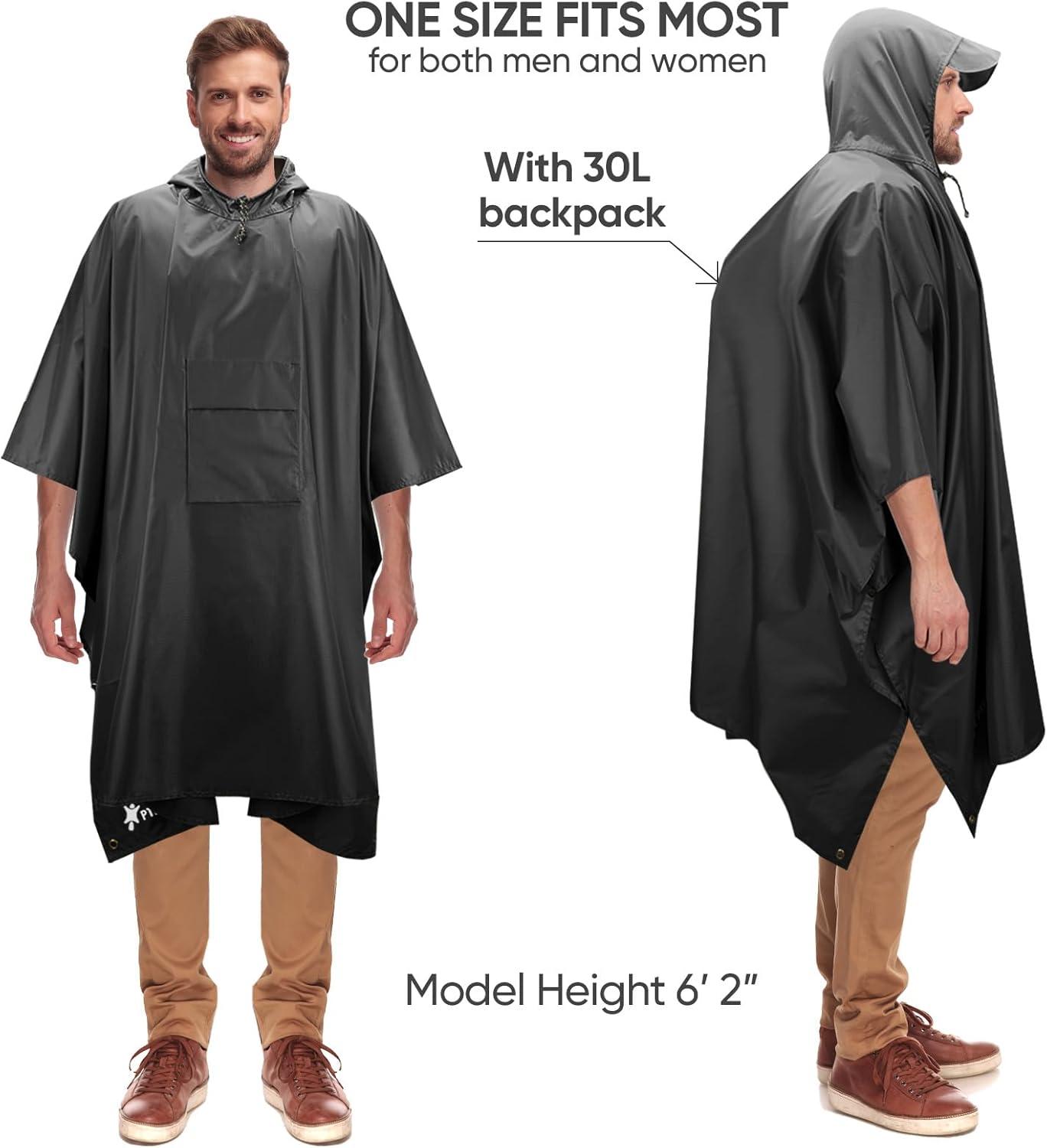 image:imagePTEROMY 3in1 Hooded Rain Poncho for Adult with Pocket Waterproof Lightweight Unisex Raincoat for Hiking Camping EmergencyBlack