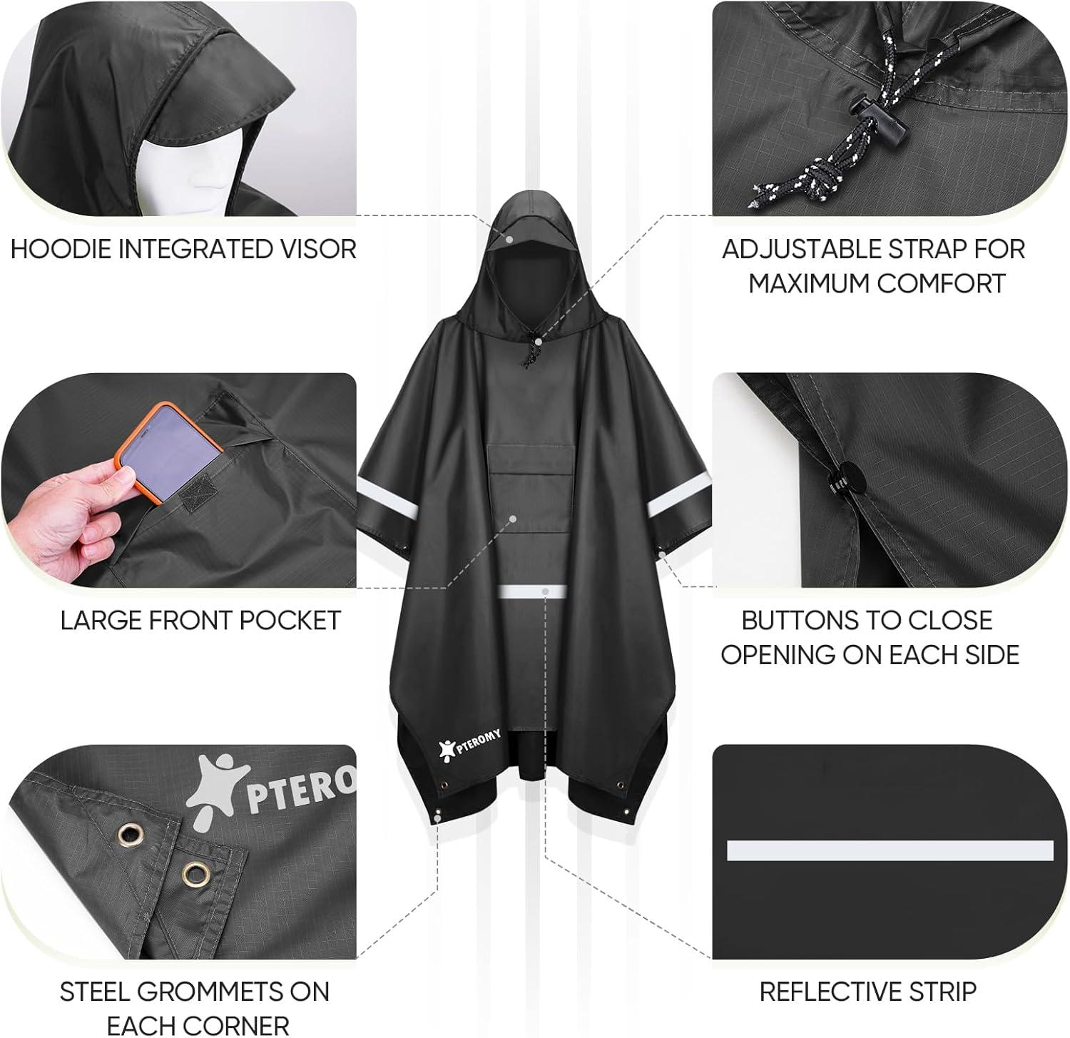 image:imagePTEROMY 3in1 Hooded Rain Poncho for Adult with Pocket Waterproof Lightweight Unisex Raincoat for Hiking Camping EmergencyBlack W Reflective Stripe