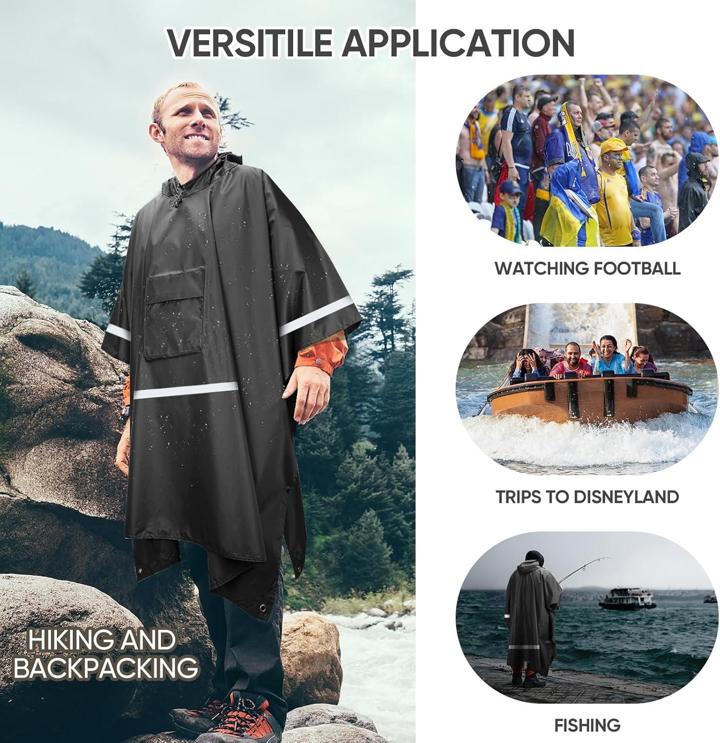 image:imagePTEROMY 3in1 Hooded Rain Poncho for Adult with Pocket Waterproof Lightweight Unisex Raincoat for Hiking Camping EmergencyBlack W Reflective Stripe