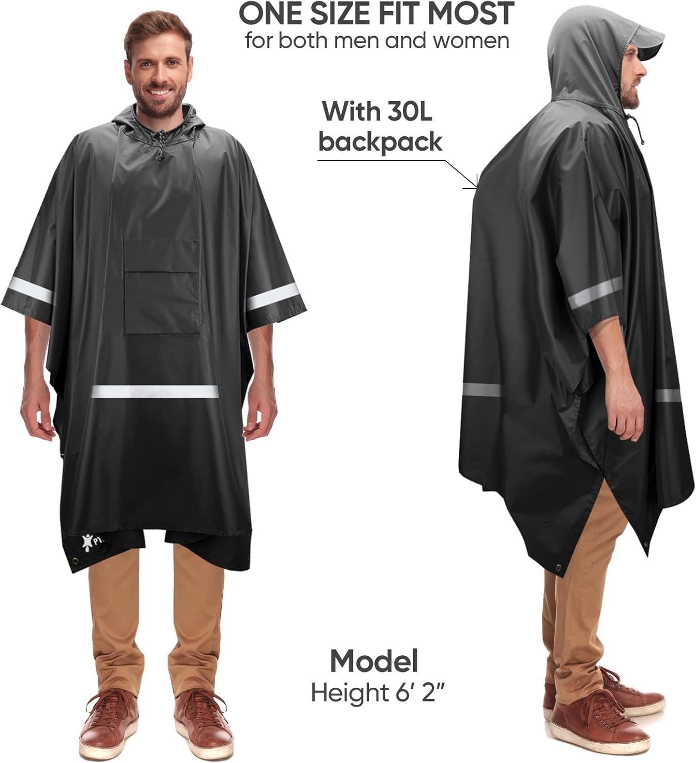 image:imagePTEROMY 3in1 Hooded Rain Poncho for Adult with Pocket Waterproof Lightweight Unisex Raincoat for Hiking Camping EmergencyBlack W Reflective Stripe