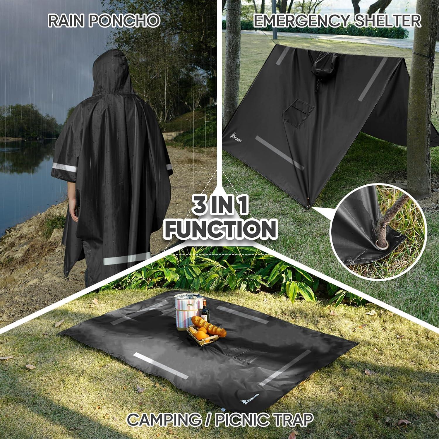 image:imagePTEROMY 3in1 Hooded Rain Poncho for Adult with Pocket Waterproof Lightweight Unisex Raincoat for Hiking Camping EmergencyBlack W Reflective Stripe