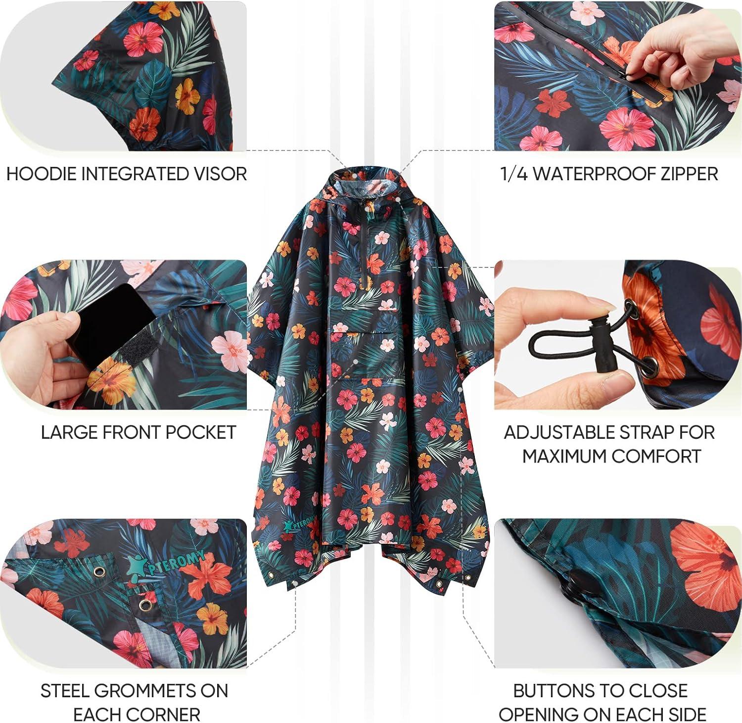 image:imagePTEROMY 3in1 Hooded Rain Poncho for Adult with Pocket Waterproof Lightweight Unisex Raincoat for Hiking Camping EmergencyBlossom Season 14 Zipper