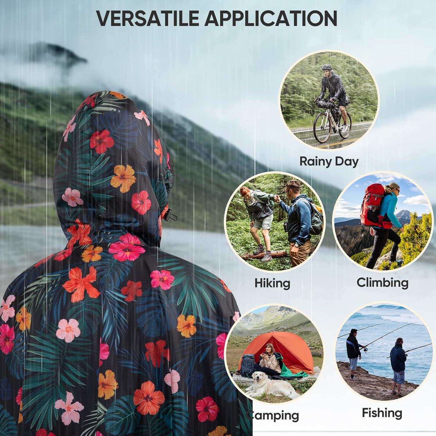 image:imagePTEROMY 3in1 Hooded Rain Poncho for Adult with Pocket Waterproof Lightweight Unisex Raincoat for Hiking Camping EmergencyBlossom Season 14 Zipper