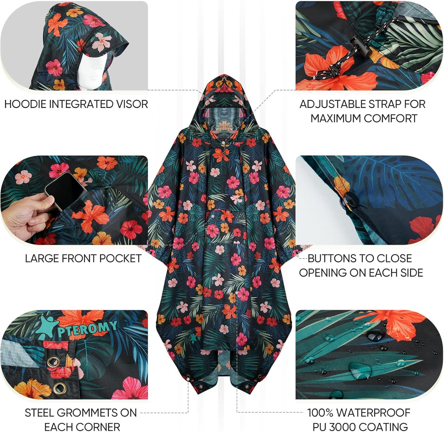 image:imagePTEROMY 3in1 Hooded Rain Poncho for Adult with Pocket Waterproof Lightweight Unisex Raincoat for Hiking Camping EmergencyBlossom Season