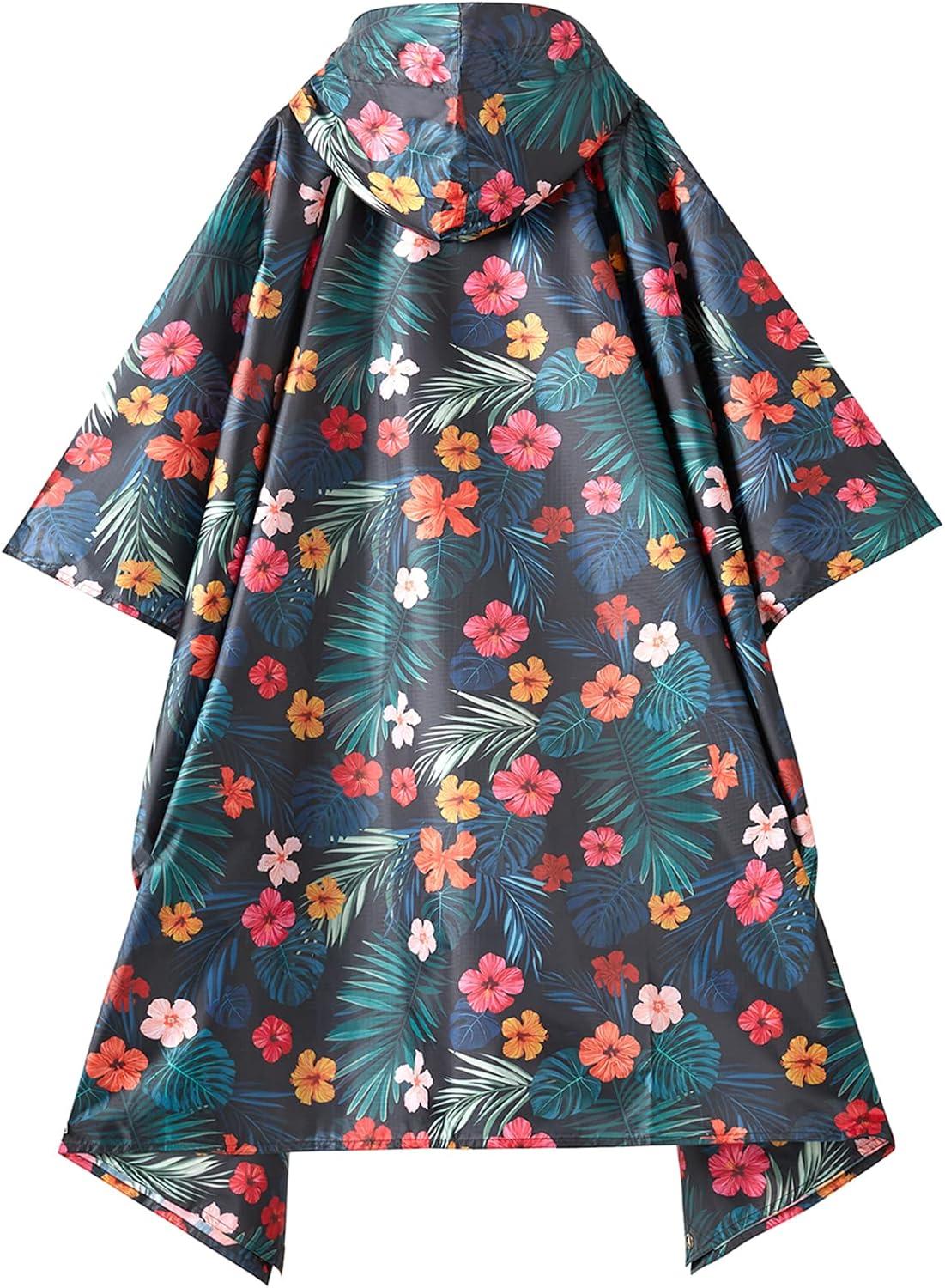 image:imagePTEROMY 3in1 Hooded Rain Poncho for Adult with Pocket Waterproof Lightweight Unisex Raincoat for Hiking Camping EmergencyBlossom Season