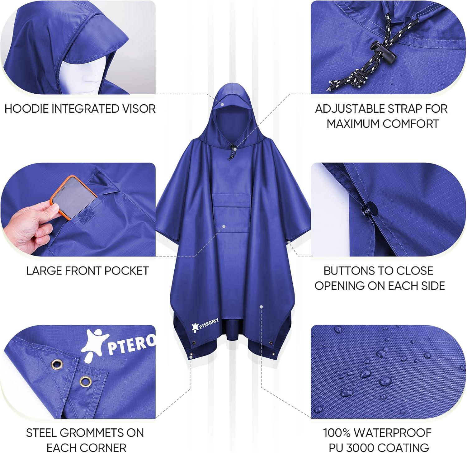 image:imagePTEROMY 3in1 Hooded Rain Poncho for Adult with Pocket Waterproof Lightweight Unisex Raincoat for Hiking Camping EmergencyBlue