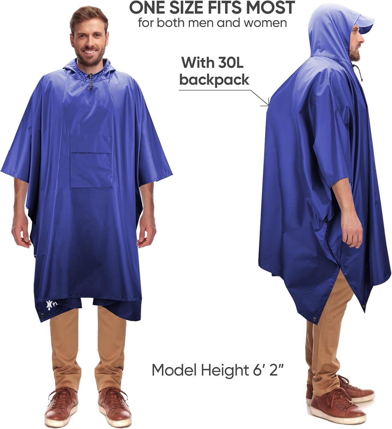 image:imagePTEROMY 3in1 Hooded Rain Poncho for Adult with Pocket Waterproof Lightweight Unisex Raincoat for Hiking Camping EmergencyBlue