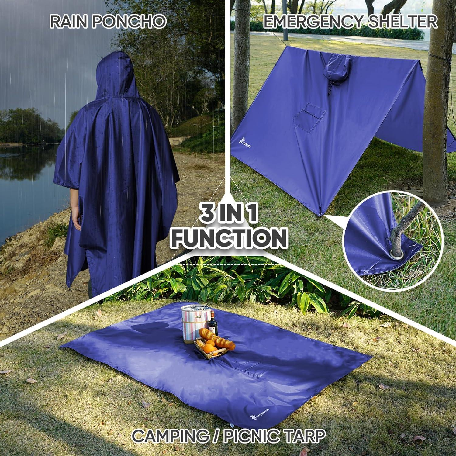 image:imagePTEROMY 3in1 Hooded Rain Poncho for Adult with Pocket Waterproof Lightweight Unisex Raincoat for Hiking Camping EmergencyBlue