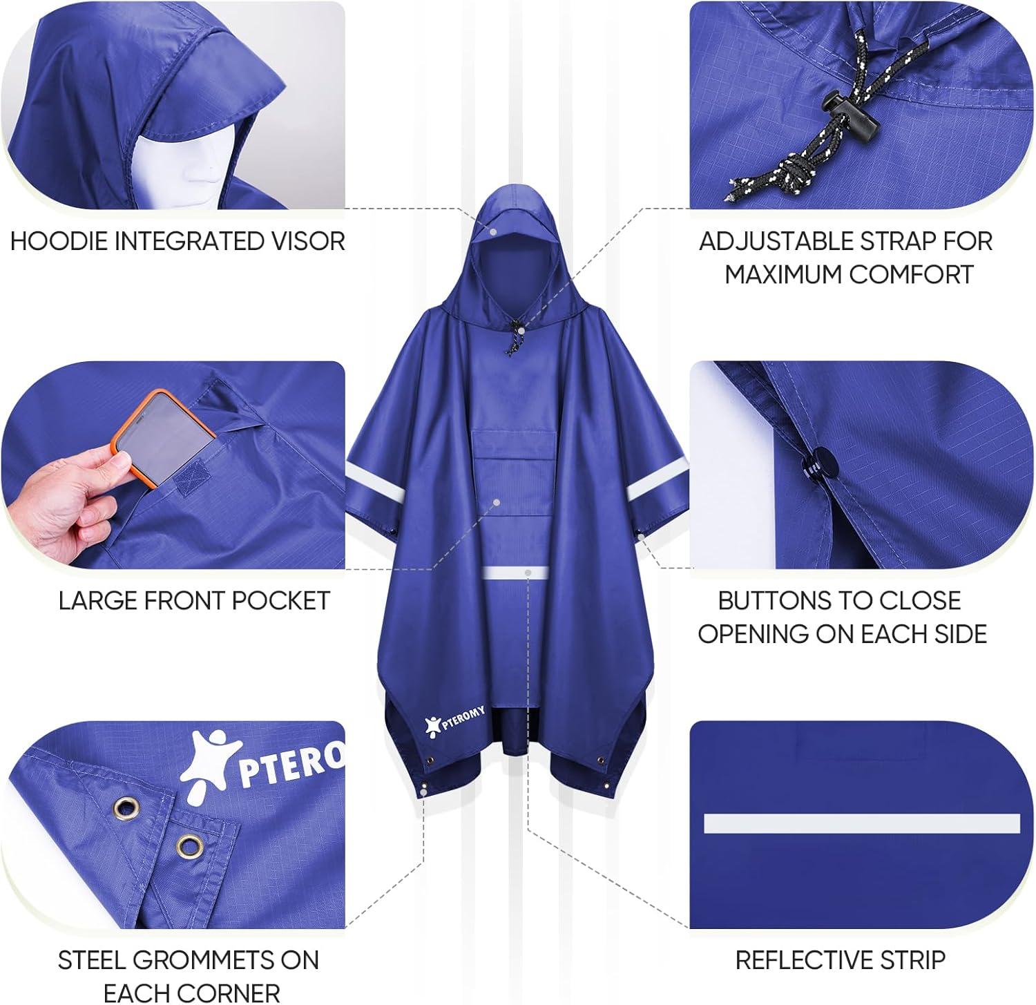 image:imagePTEROMY 3in1 Hooded Rain Poncho for Adult with Pocket Waterproof Lightweight Unisex Raincoat for Hiking Camping EmergencyBlue W Reflective Stripe