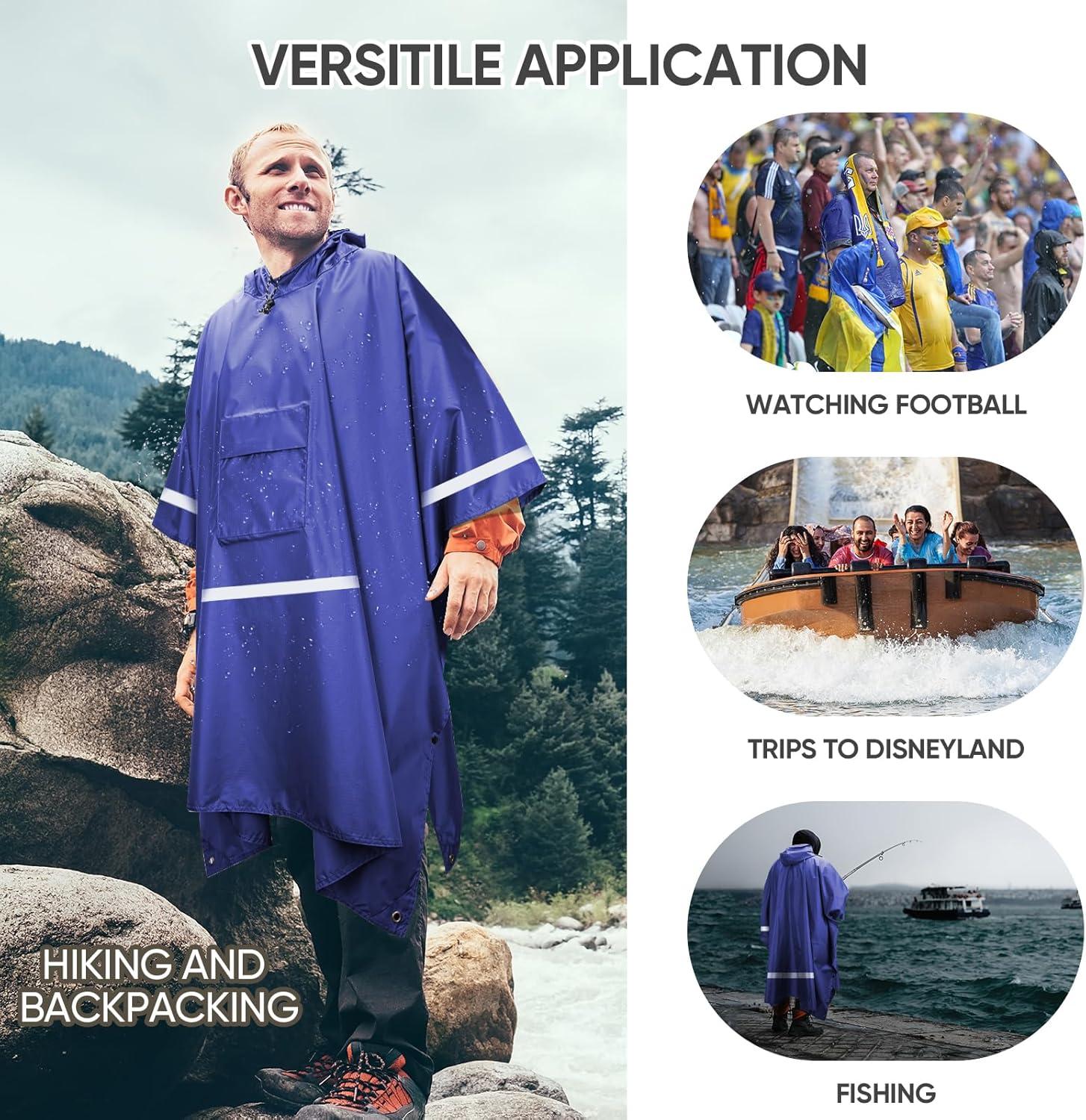 image:imagePTEROMY 3in1 Hooded Rain Poncho for Adult with Pocket Waterproof Lightweight Unisex Raincoat for Hiking Camping EmergencyBlue W Reflective Stripe