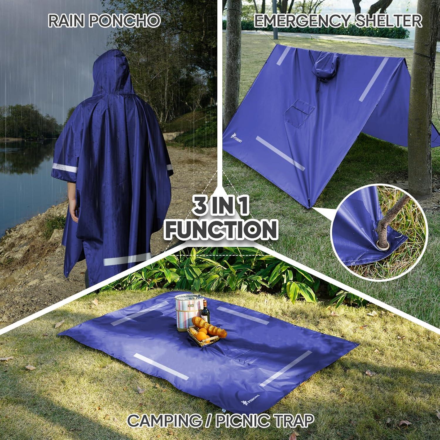 image:imagePTEROMY 3in1 Hooded Rain Poncho for Adult with Pocket Waterproof Lightweight Unisex Raincoat for Hiking Camping EmergencyBlue W Reflective Stripe