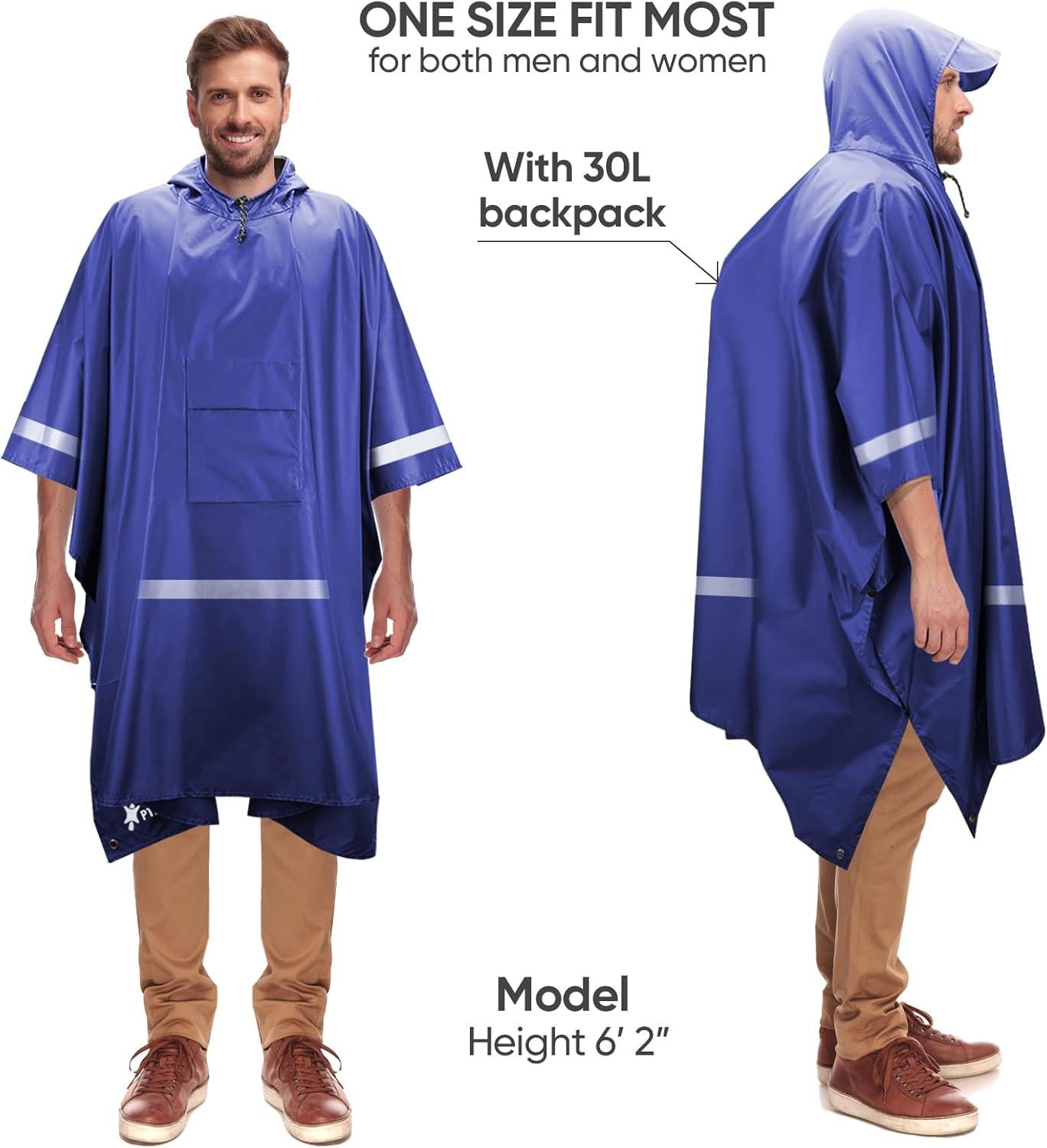 image:imagePTEROMY 3in1 Hooded Rain Poncho for Adult with Pocket Waterproof Lightweight Unisex Raincoat for Hiking Camping EmergencyBlue W Reflective Stripe
