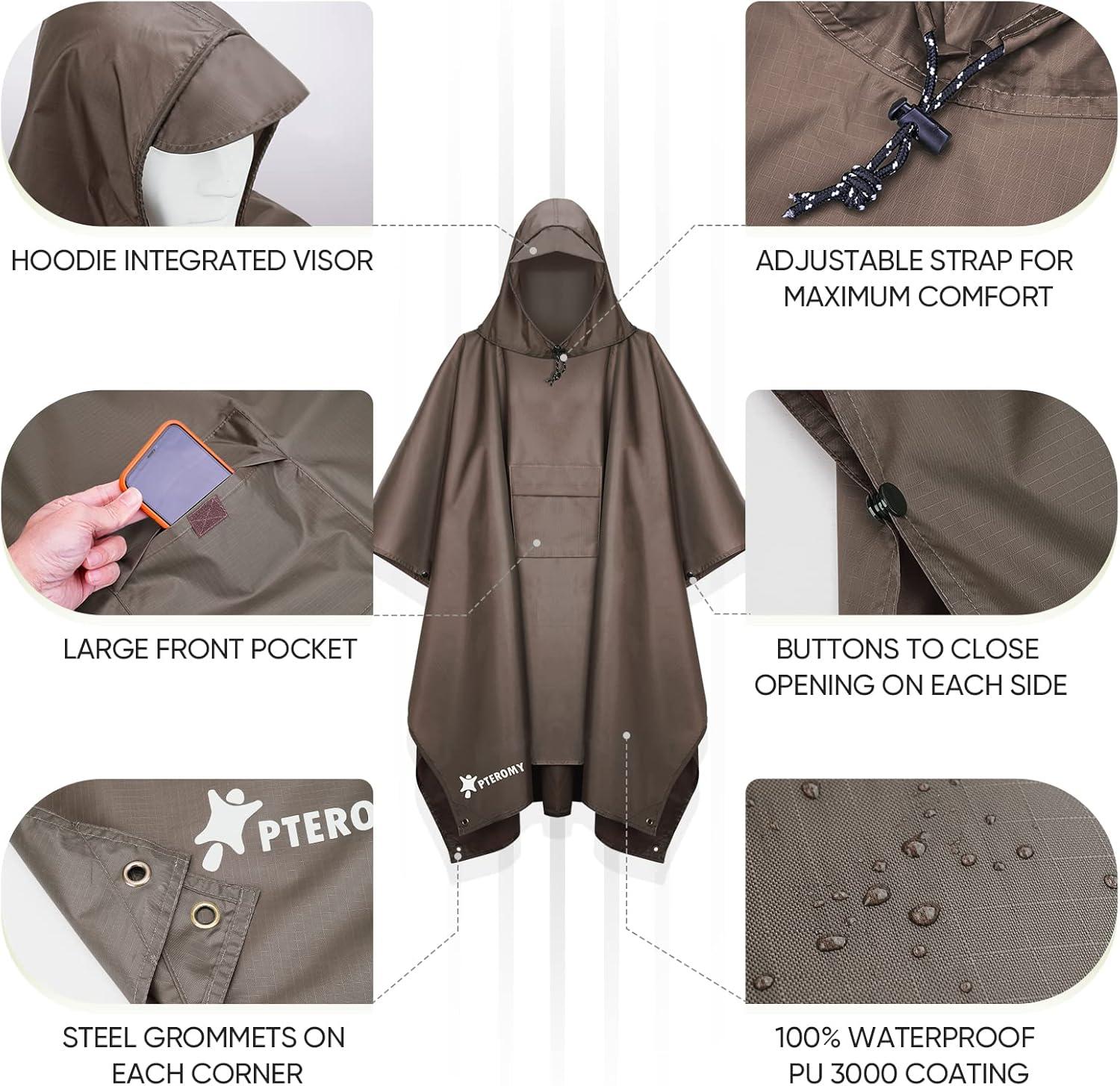 image:imagePTEROMY 3in1 Hooded Rain Poncho for Adult with Pocket Waterproof Lightweight Unisex Raincoat for Hiking Camping EmergencyBrown