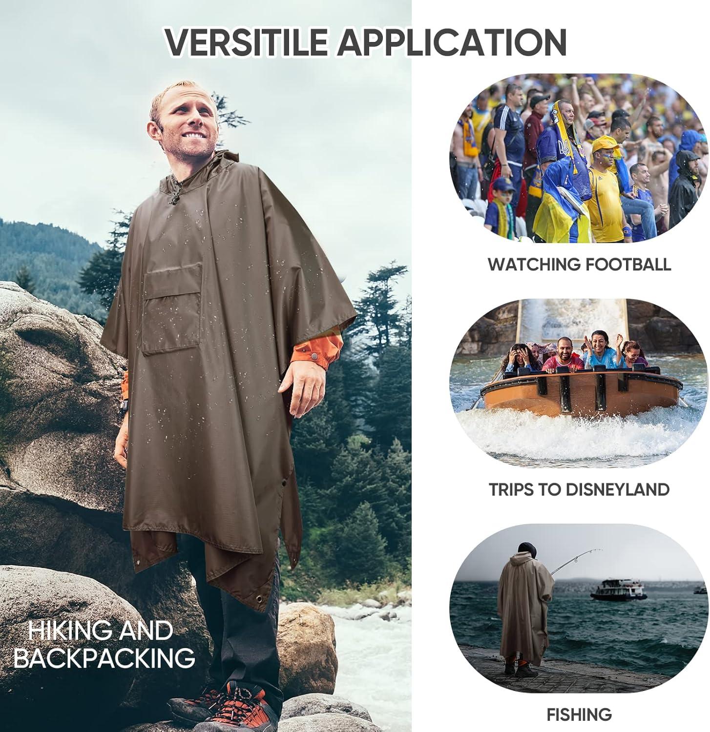 image:imagePTEROMY 3in1 Hooded Rain Poncho for Adult with Pocket Waterproof Lightweight Unisex Raincoat for Hiking Camping EmergencyBrown