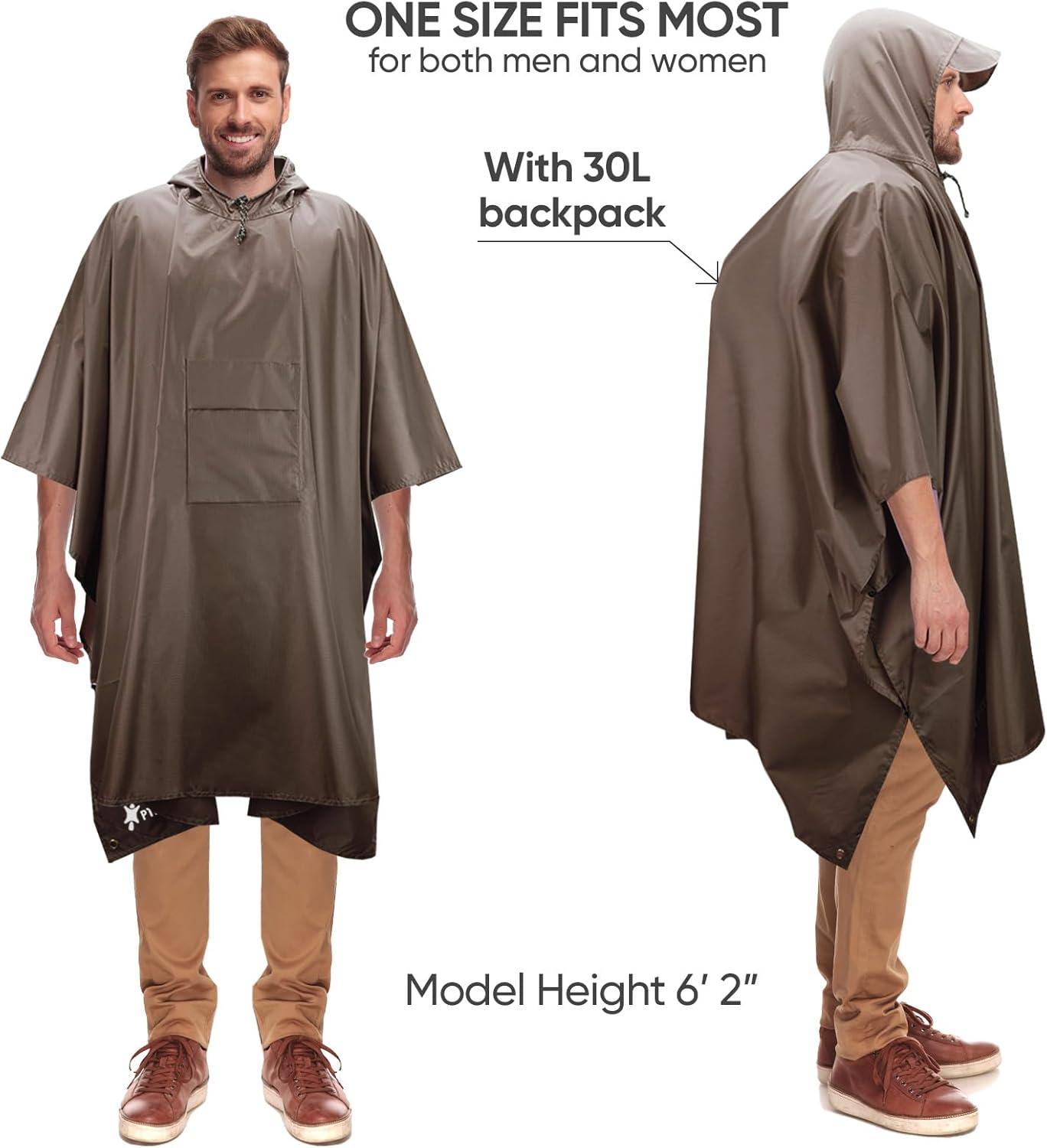 image:imagePTEROMY 3in1 Hooded Rain Poncho for Adult with Pocket Waterproof Lightweight Unisex Raincoat for Hiking Camping EmergencyBrown