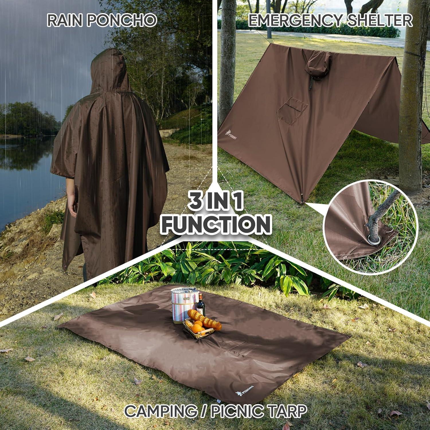 image:imagePTEROMY 3in1 Hooded Rain Poncho for Adult with Pocket Waterproof Lightweight Unisex Raincoat for Hiking Camping EmergencyBrown
