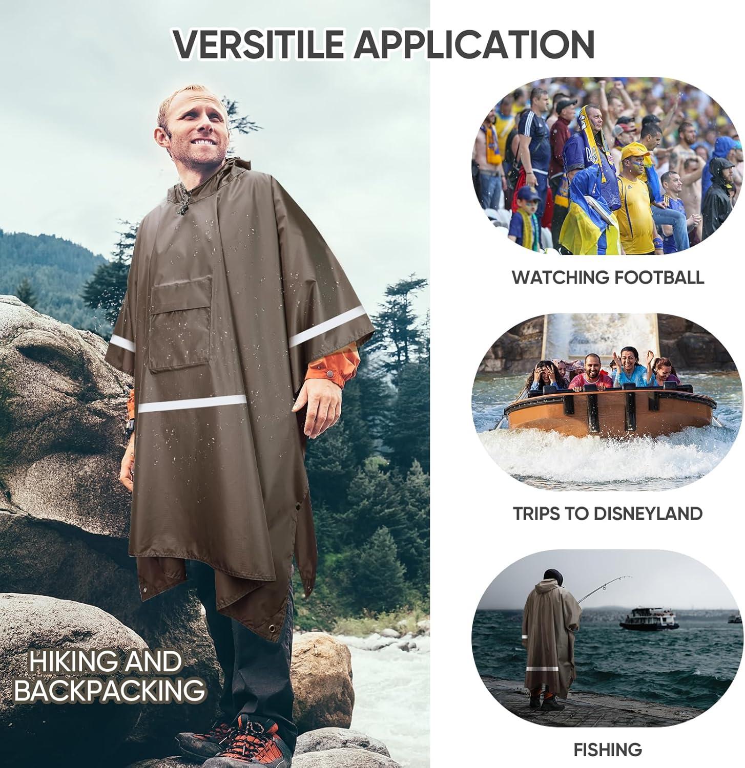 image:imagePTEROMY 3in1 Hooded Rain Poncho for Adult with Pocket Waterproof Lightweight Unisex Raincoat for Hiking Camping EmergencyBrown W Reflective Stripe
