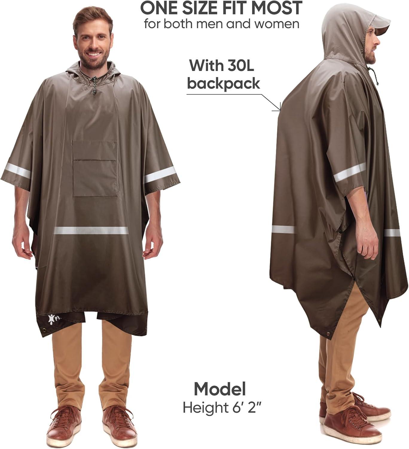 image:imagePTEROMY 3in1 Hooded Rain Poncho for Adult with Pocket Waterproof Lightweight Unisex Raincoat for Hiking Camping EmergencyBrown W Reflective Stripe