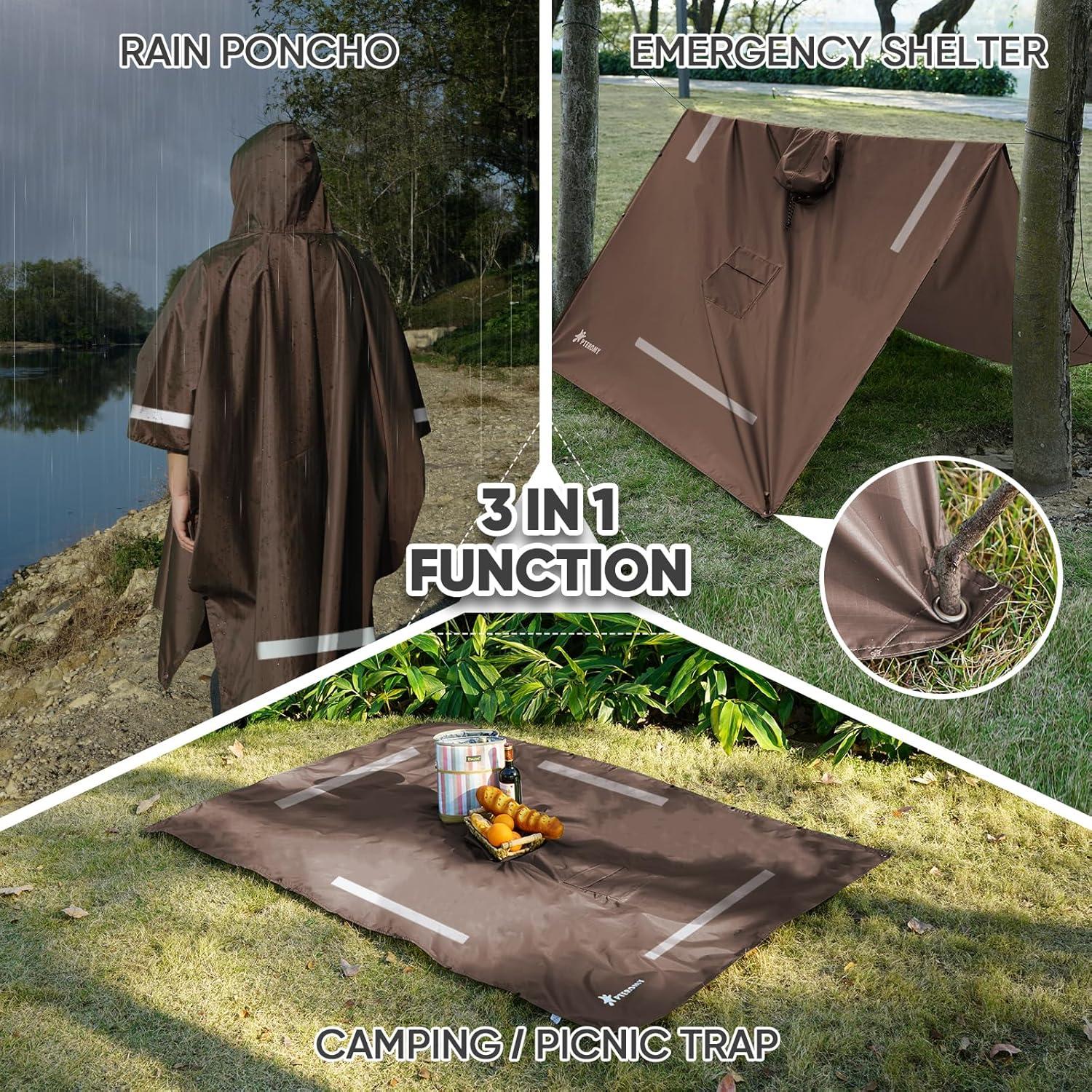 image:imagePTEROMY 3in1 Hooded Rain Poncho for Adult with Pocket Waterproof Lightweight Unisex Raincoat for Hiking Camping EmergencyBrown W Reflective Stripe