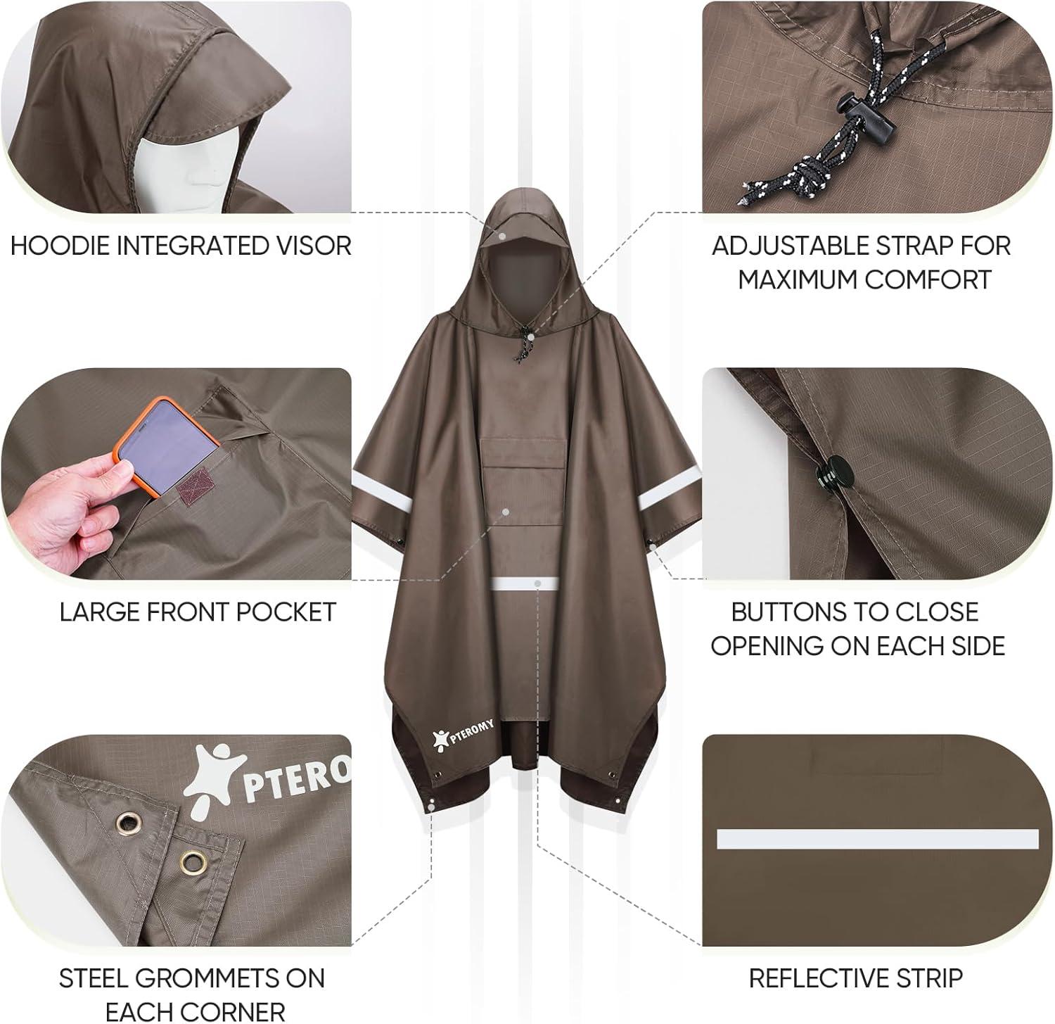 image:imagePTEROMY 3in1 Hooded Rain Poncho for Adult with Pocket Waterproof Lightweight Unisex Raincoat for Hiking Camping EmergencyBrown W Reflective Stripe