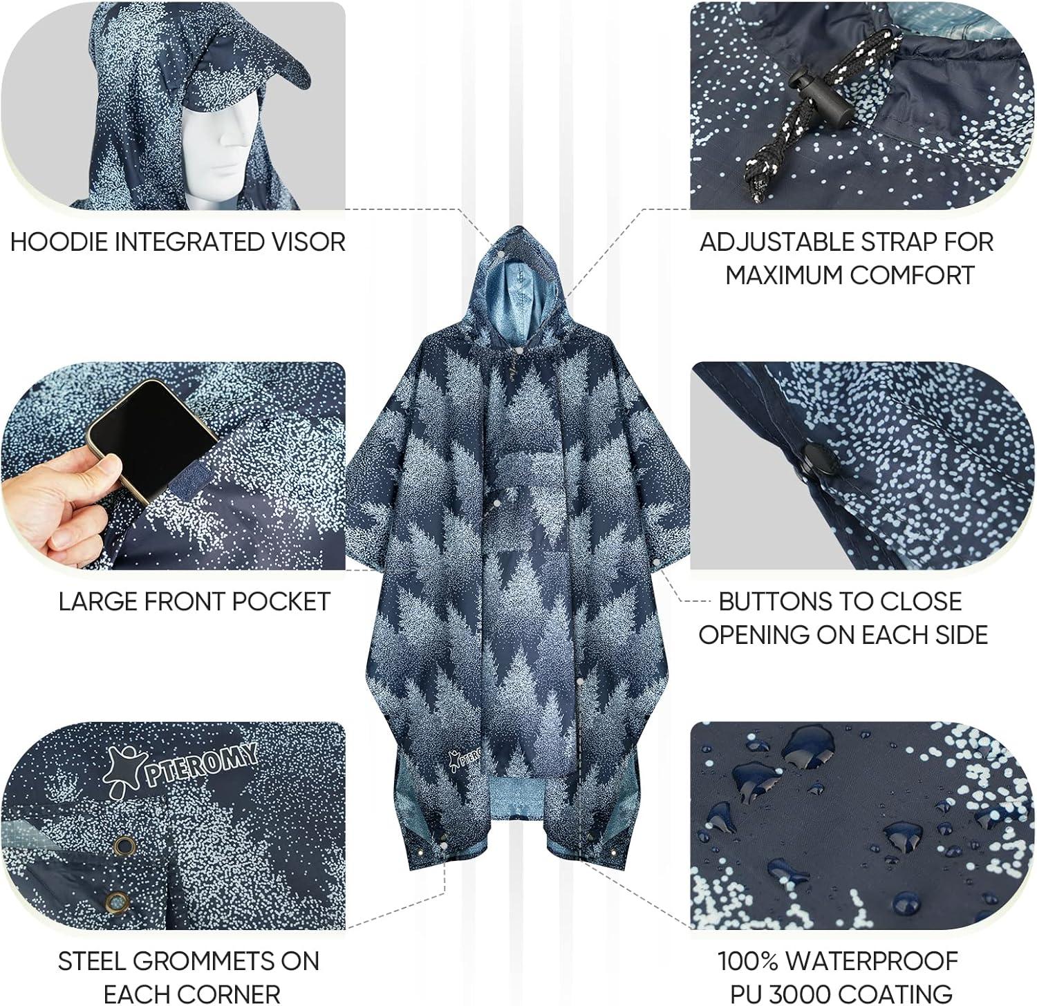 image:imagePTEROMY 3in1 Hooded Rain Poncho for Adult with Pocket Waterproof Lightweight Unisex Raincoat for Hiking Camping EmergencyFrost Abies