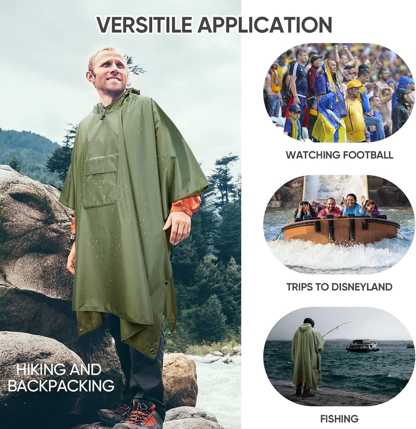 image:imagePTEROMY 3in1 Hooded Rain Poncho for Adult with Pocket Waterproof Lightweight Unisex Raincoat for Hiking Camping EmergencyGreen