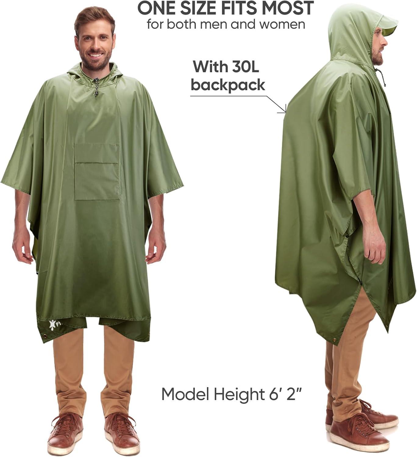 image:imagePTEROMY 3in1 Hooded Rain Poncho for Adult with Pocket Waterproof Lightweight Unisex Raincoat for Hiking Camping EmergencyGreen
