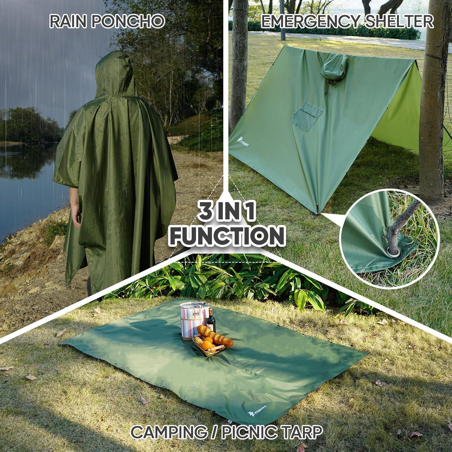 image:imagePTEROMY 3in1 Hooded Rain Poncho for Adult with Pocket Waterproof Lightweight Unisex Raincoat for Hiking Camping EmergencyGreen