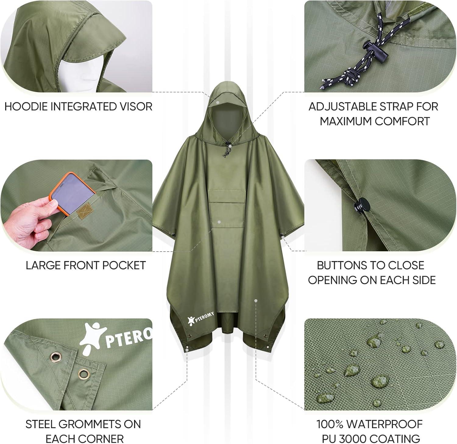 image:imagePTEROMY 3in1 Hooded Rain Poncho for Adult with Pocket Waterproof Lightweight Unisex Raincoat for Hiking Camping EmergencyGreen
