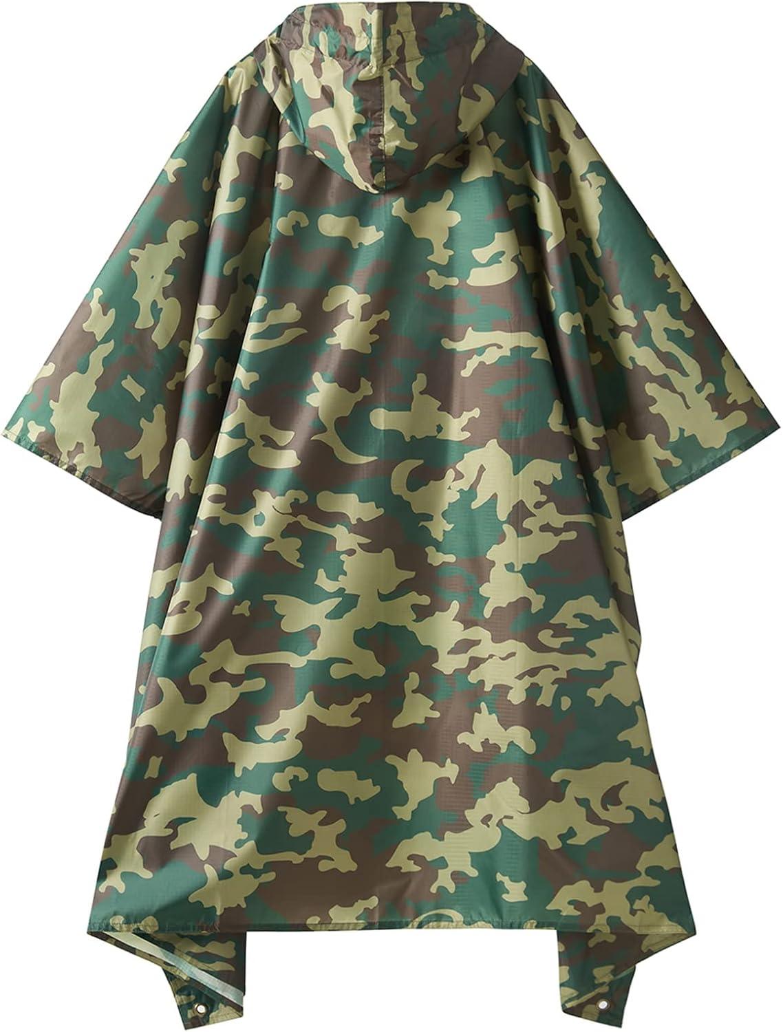 image:imagePTEROMY 3in1 Hooded Rain Poncho for Adult with Pocket Waterproof Lightweight Unisex Raincoat for Hiking Camping EmergencyGreen Camo
