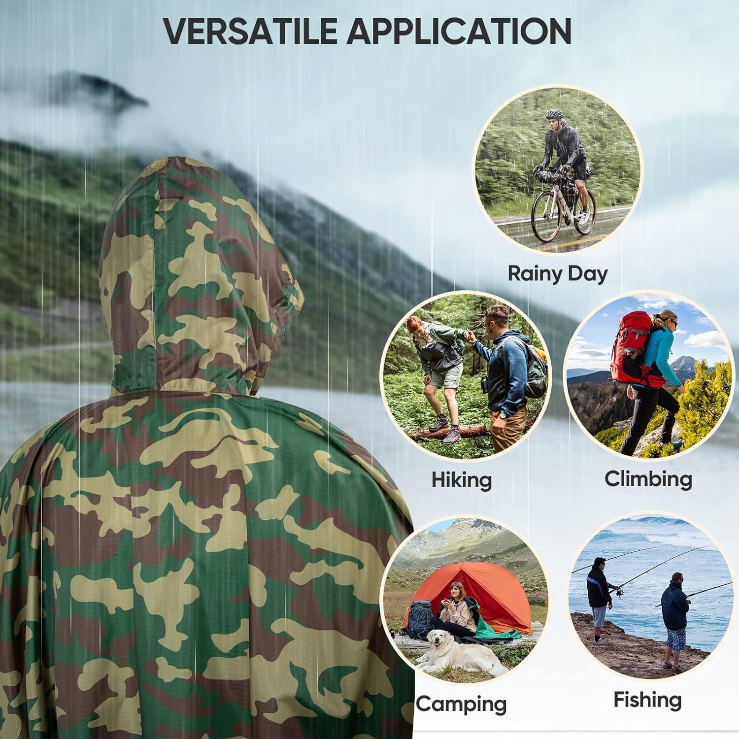 image:imagePTEROMY 3in1 Hooded Rain Poncho for Adult with Pocket Waterproof Lightweight Unisex Raincoat for Hiking Camping EmergencyGreen Camo