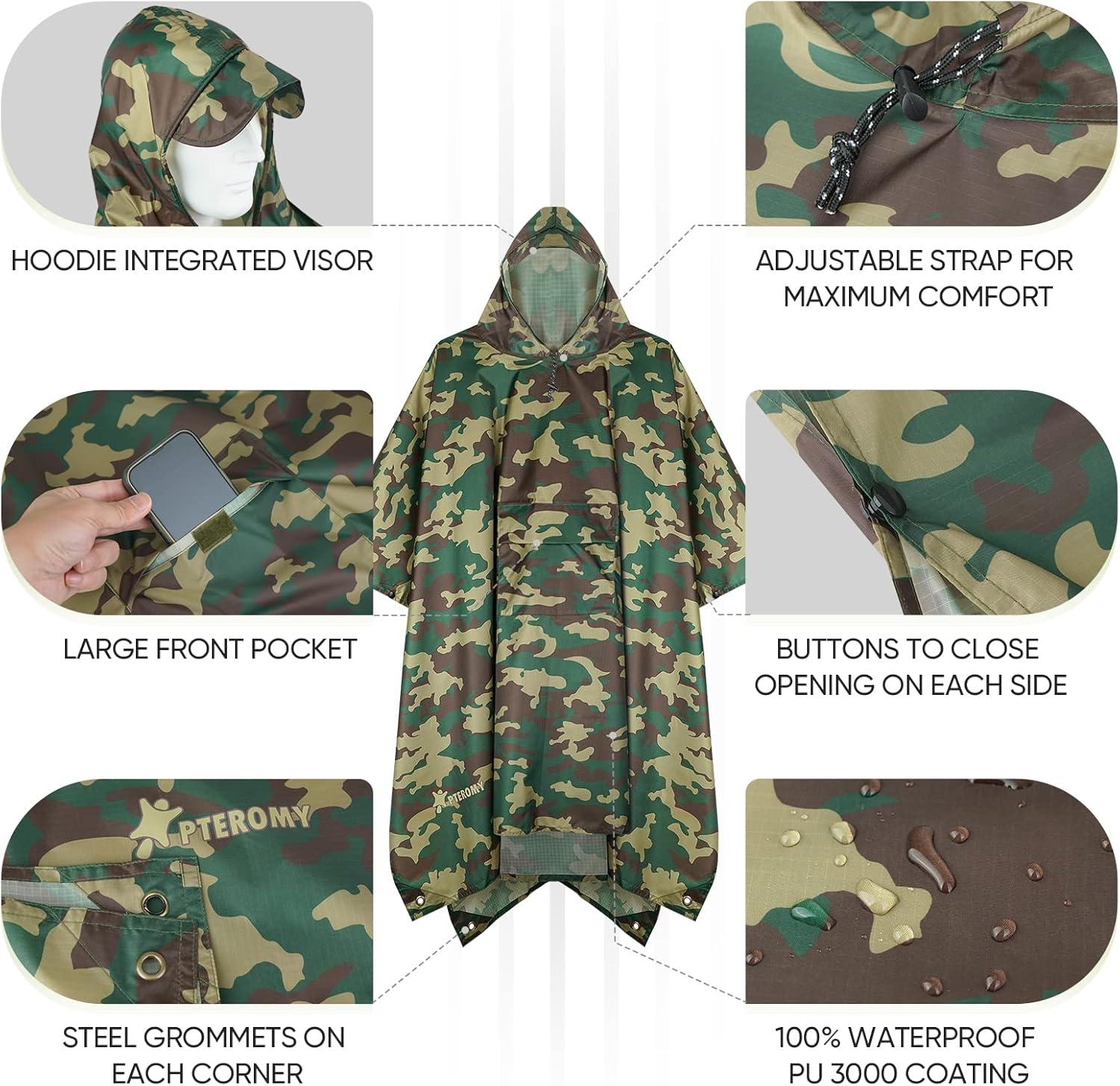 image:imagePTEROMY 3in1 Hooded Rain Poncho for Adult with Pocket Waterproof Lightweight Unisex Raincoat for Hiking Camping EmergencyGreen Camo