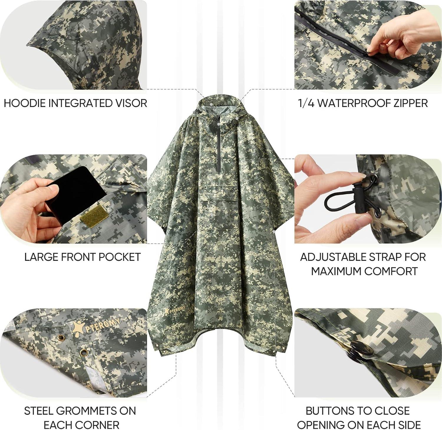 image:imagePTEROMY 3in1 Hooded Rain Poncho for Adult with Pocket Waterproof Lightweight Unisex Raincoat for Hiking Camping EmergencyGreen Digi Camo 14 Zipper
