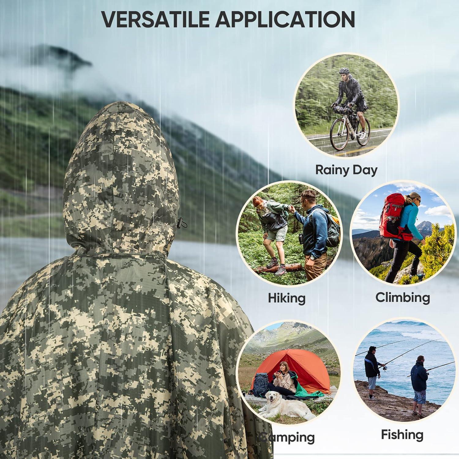 image:imagePTEROMY 3in1 Hooded Rain Poncho for Adult with Pocket Waterproof Lightweight Unisex Raincoat for Hiking Camping EmergencyGreen Digi Camo 14 Zipper