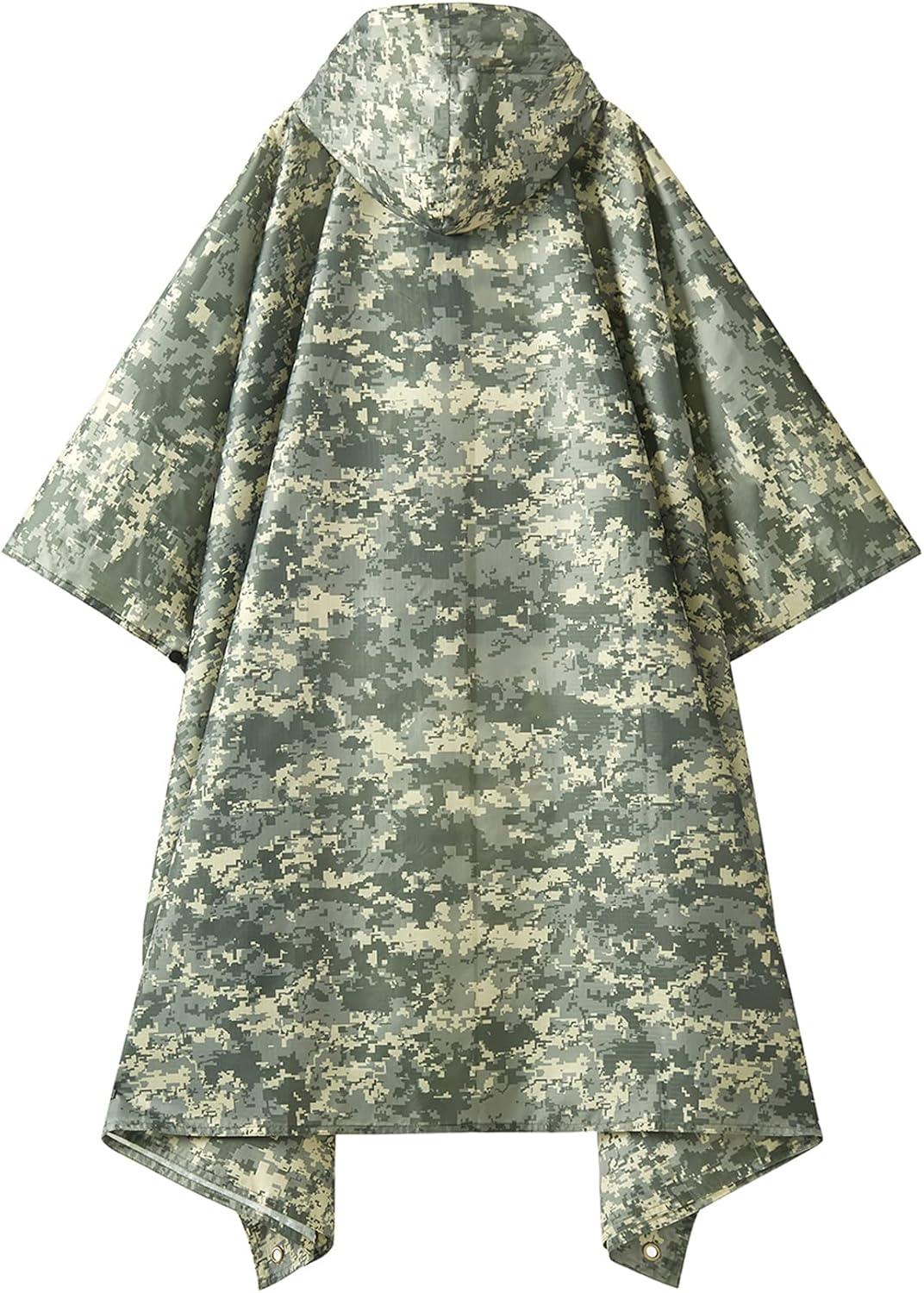 image:imagePTEROMY 3in1 Hooded Rain Poncho for Adult with Pocket Waterproof Lightweight Unisex Raincoat for Hiking Camping EmergencyGreen Digi Camo 14 Zipper