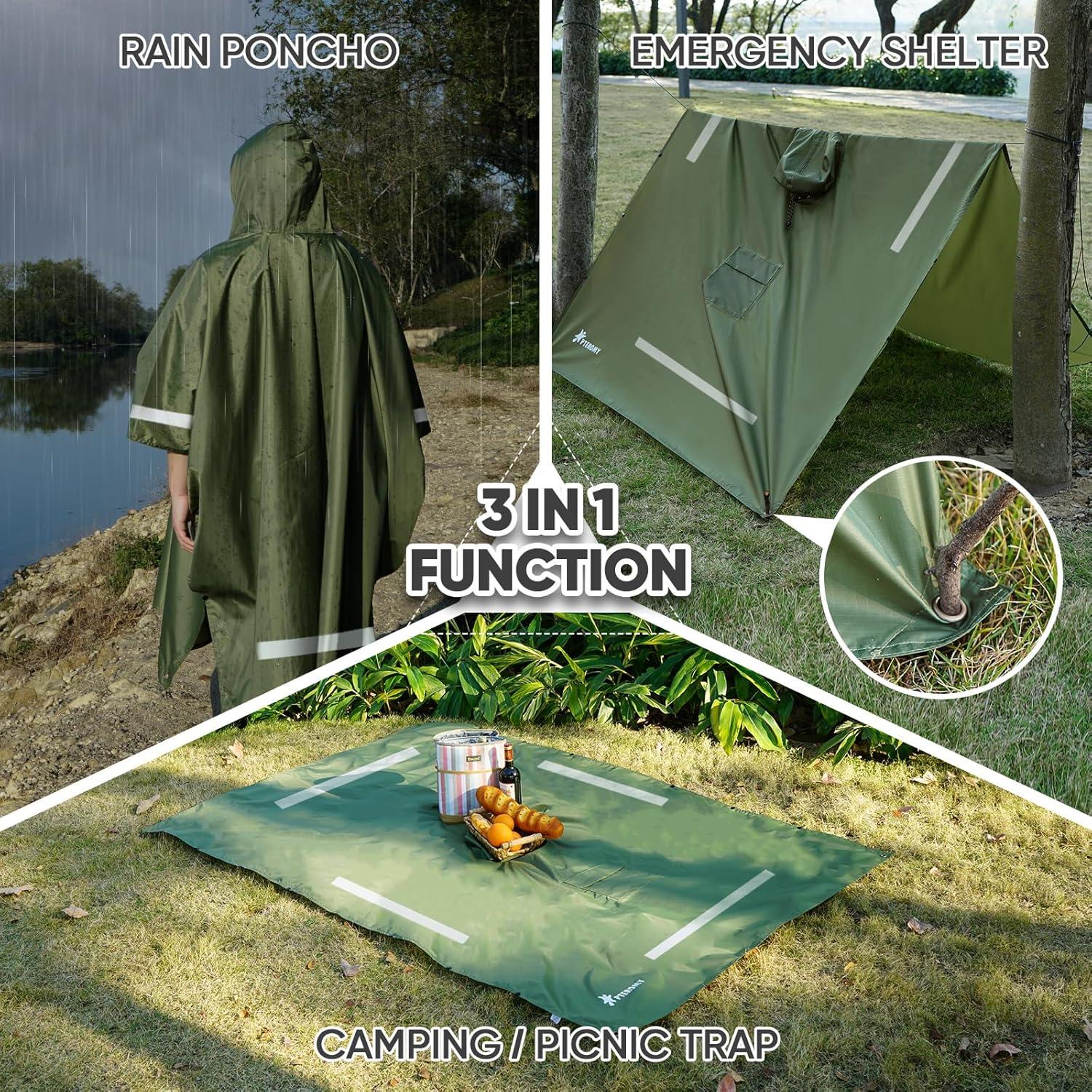 image:imagePTEROMY 3in1 Hooded Rain Poncho for Adult with Pocket Waterproof Lightweight Unisex Raincoat for Hiking Camping EmergencyGreen W Reflective Stripe