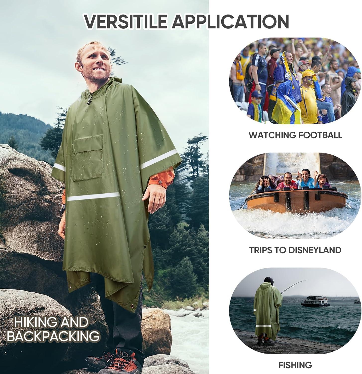 image:imagePTEROMY 3in1 Hooded Rain Poncho for Adult with Pocket Waterproof Lightweight Unisex Raincoat for Hiking Camping EmergencyGreen W Reflective Stripe