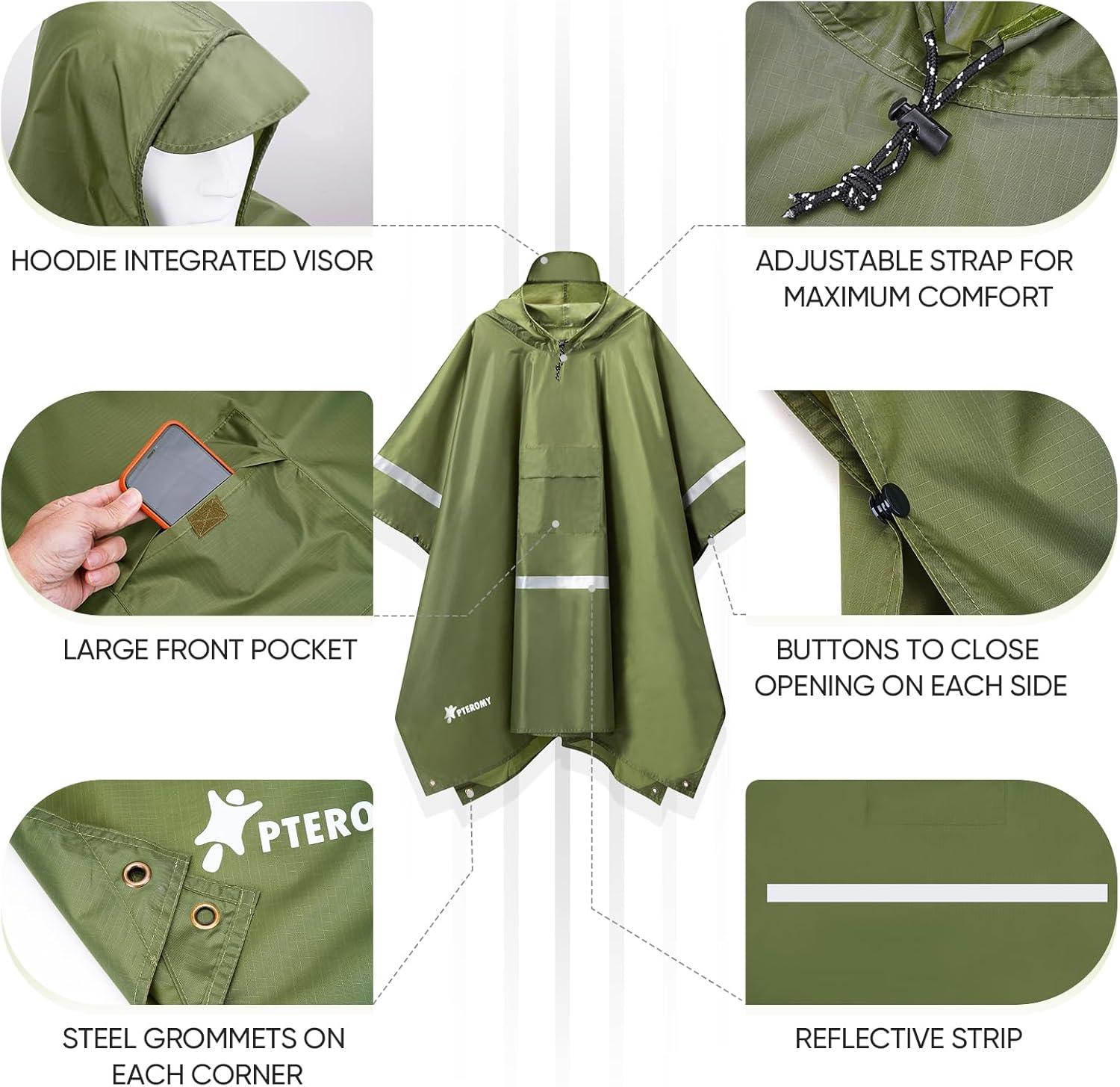 image:imagePTEROMY 3in1 Hooded Rain Poncho for Adult with Pocket Waterproof Lightweight Unisex Raincoat for Hiking Camping EmergencyGreen W Reflective Stripe