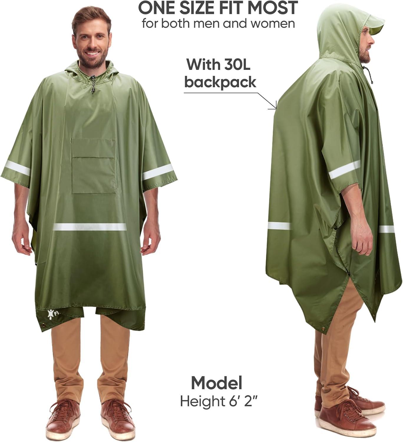 image:imagePTEROMY 3in1 Hooded Rain Poncho for Adult with Pocket Waterproof Lightweight Unisex Raincoat for Hiking Camping EmergencyGreen W Reflective Stripe