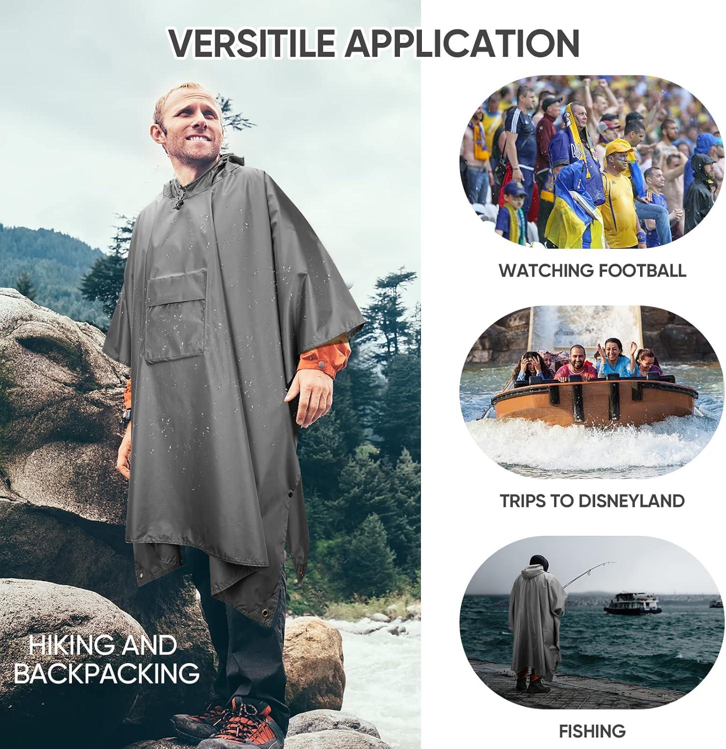 image:imagePTEROMY 3in1 Hooded Rain Poncho for Adult with Pocket Waterproof Lightweight Unisex Raincoat for Hiking Camping EmergencyGrey