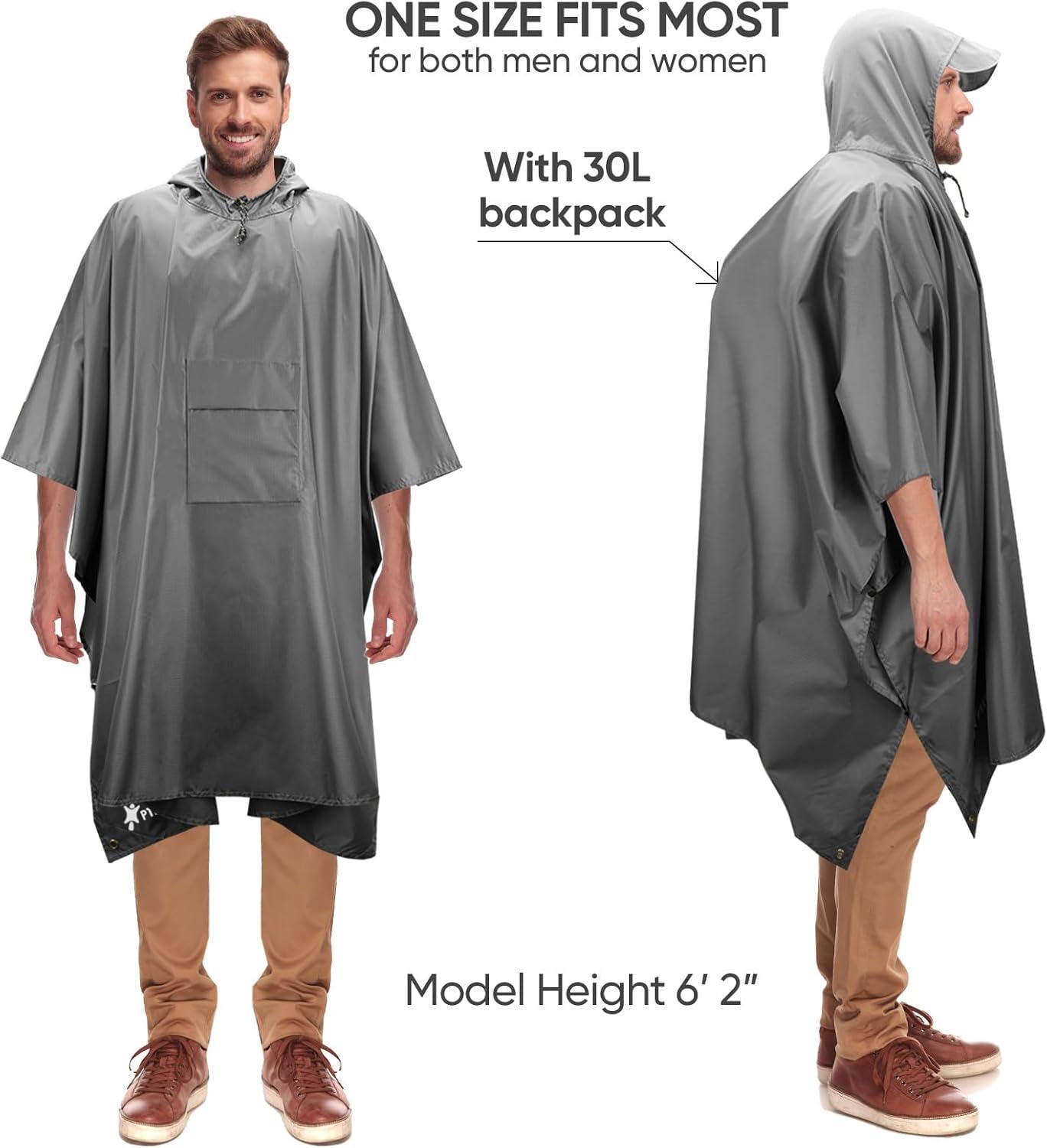 image:imagePTEROMY 3in1 Hooded Rain Poncho for Adult with Pocket Waterproof Lightweight Unisex Raincoat for Hiking Camping EmergencyGrey
