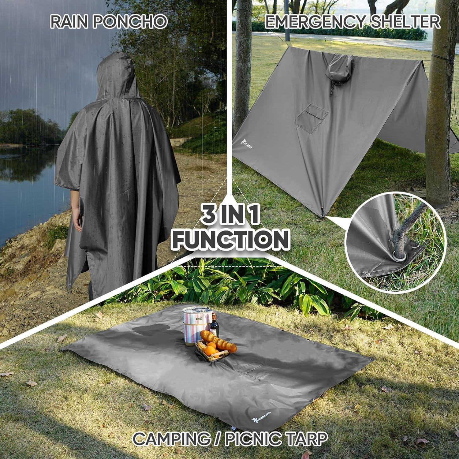 image:imagePTEROMY 3in1 Hooded Rain Poncho for Adult with Pocket Waterproof Lightweight Unisex Raincoat for Hiking Camping EmergencyGrey
