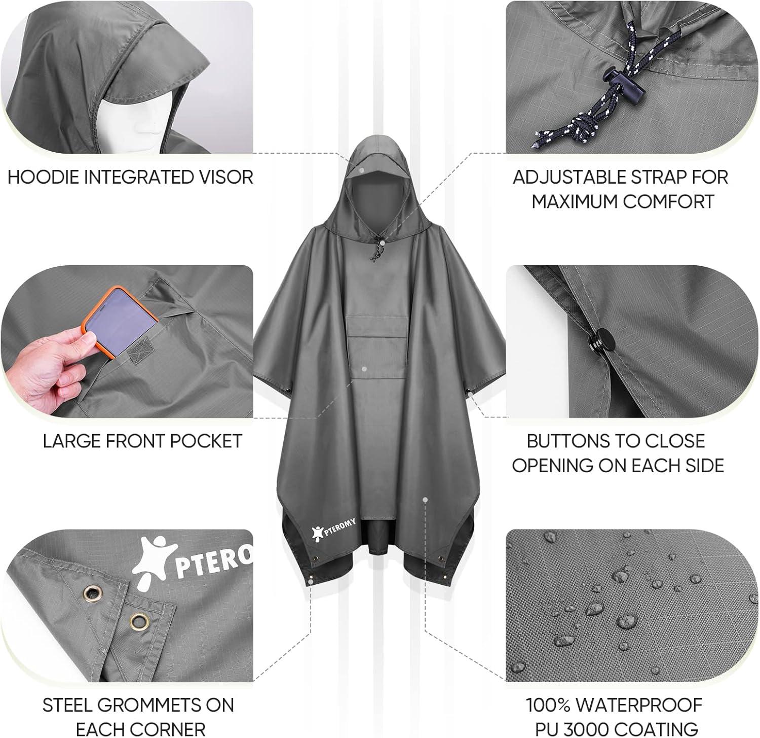 image:imagePTEROMY 3in1 Hooded Rain Poncho for Adult with Pocket Waterproof Lightweight Unisex Raincoat for Hiking Camping EmergencyGrey
