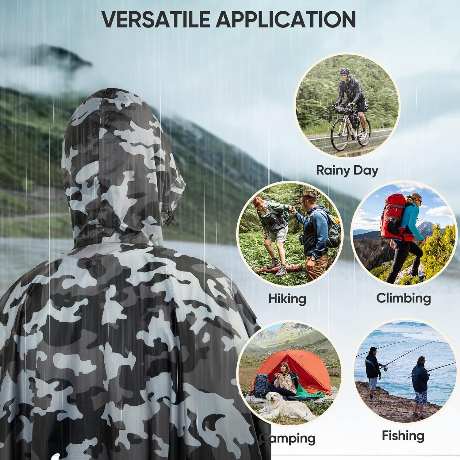 image:imagePTEROMY 3in1 Hooded Rain Poncho for Adult with Pocket Waterproof Lightweight Unisex Raincoat for Hiking Camping EmergencyGrey Camo 14 Zipper