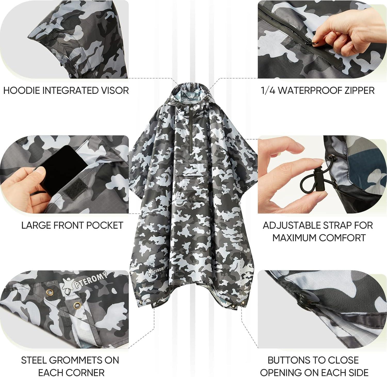 image:imagePTEROMY 3in1 Hooded Rain Poncho for Adult with Pocket Waterproof Lightweight Unisex Raincoat for Hiking Camping EmergencyGrey Camo 14 Zipper