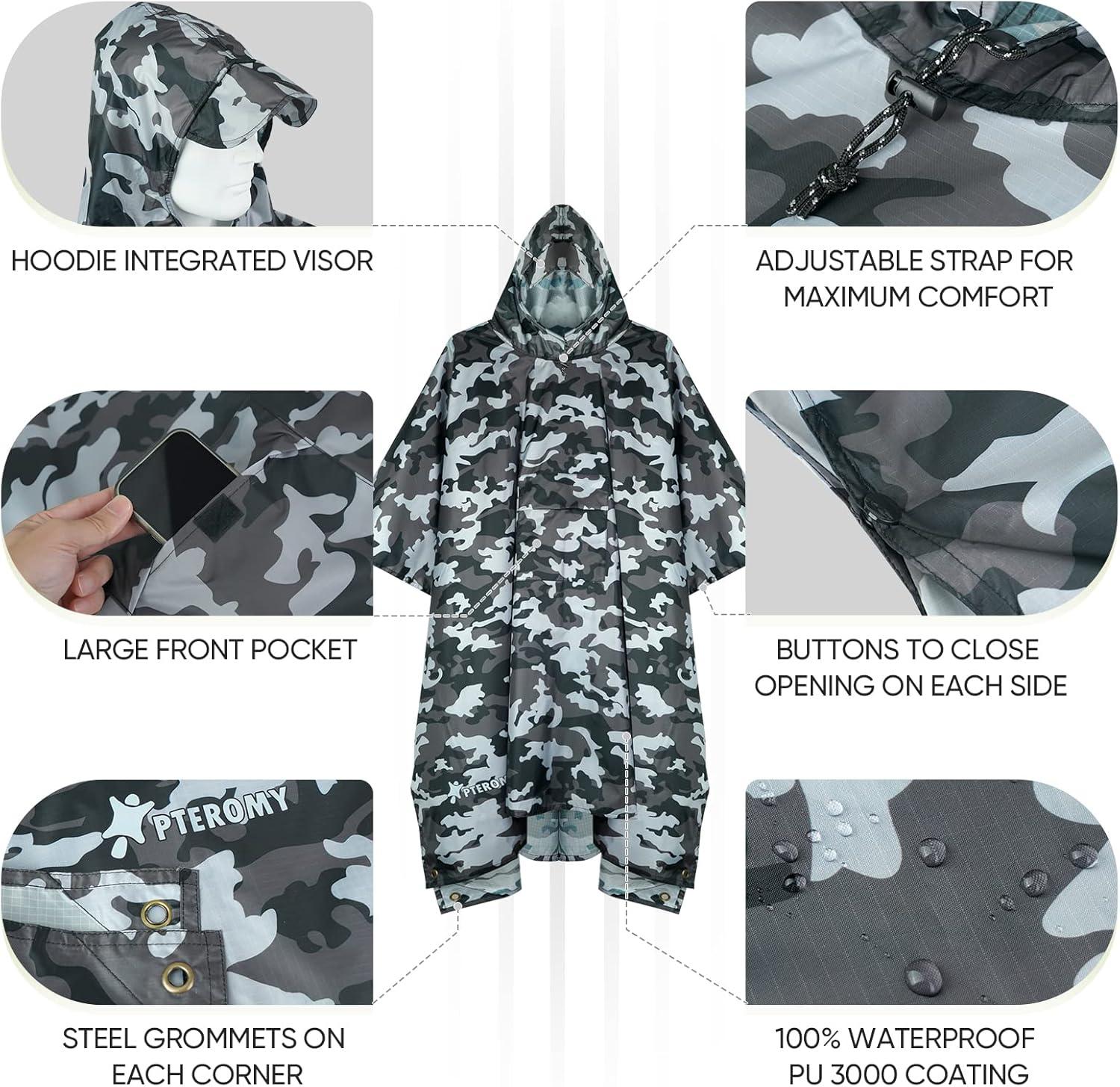 image:imagePTEROMY 3in1 Hooded Rain Poncho for Adult with Pocket Waterproof Lightweight Unisex Raincoat for Hiking Camping EmergencyGrey Camo
